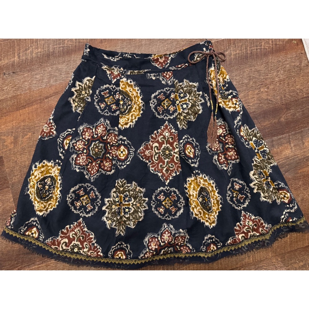 E by ECI Petite 12P Boho Embellished A-Line Skirt Tassel Tie Sequin Midi